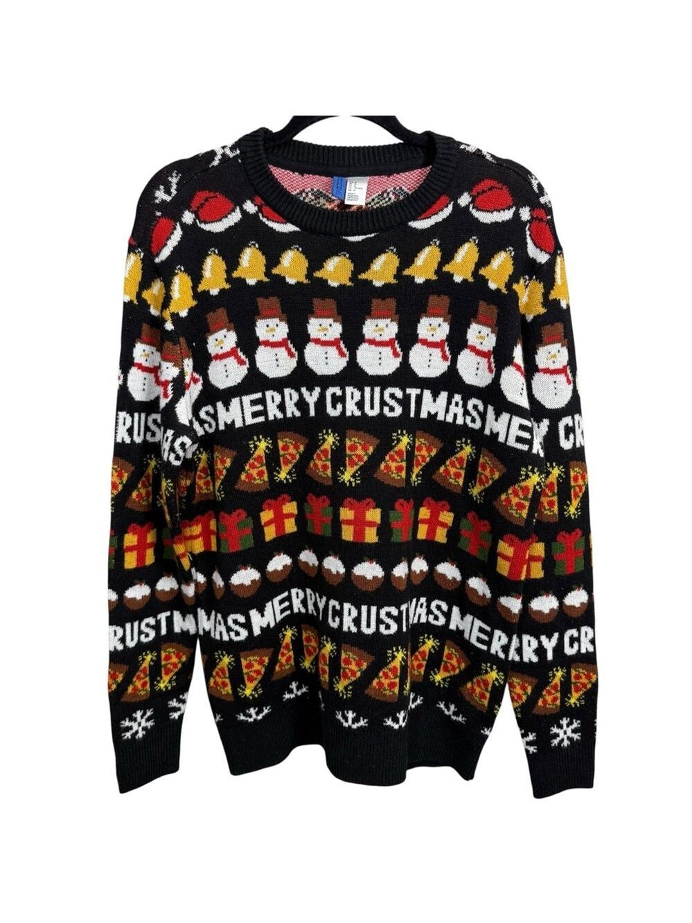 H&M Divided Black Christmas Sweater Medium Merry Crustmas Pizza Snowman Santa